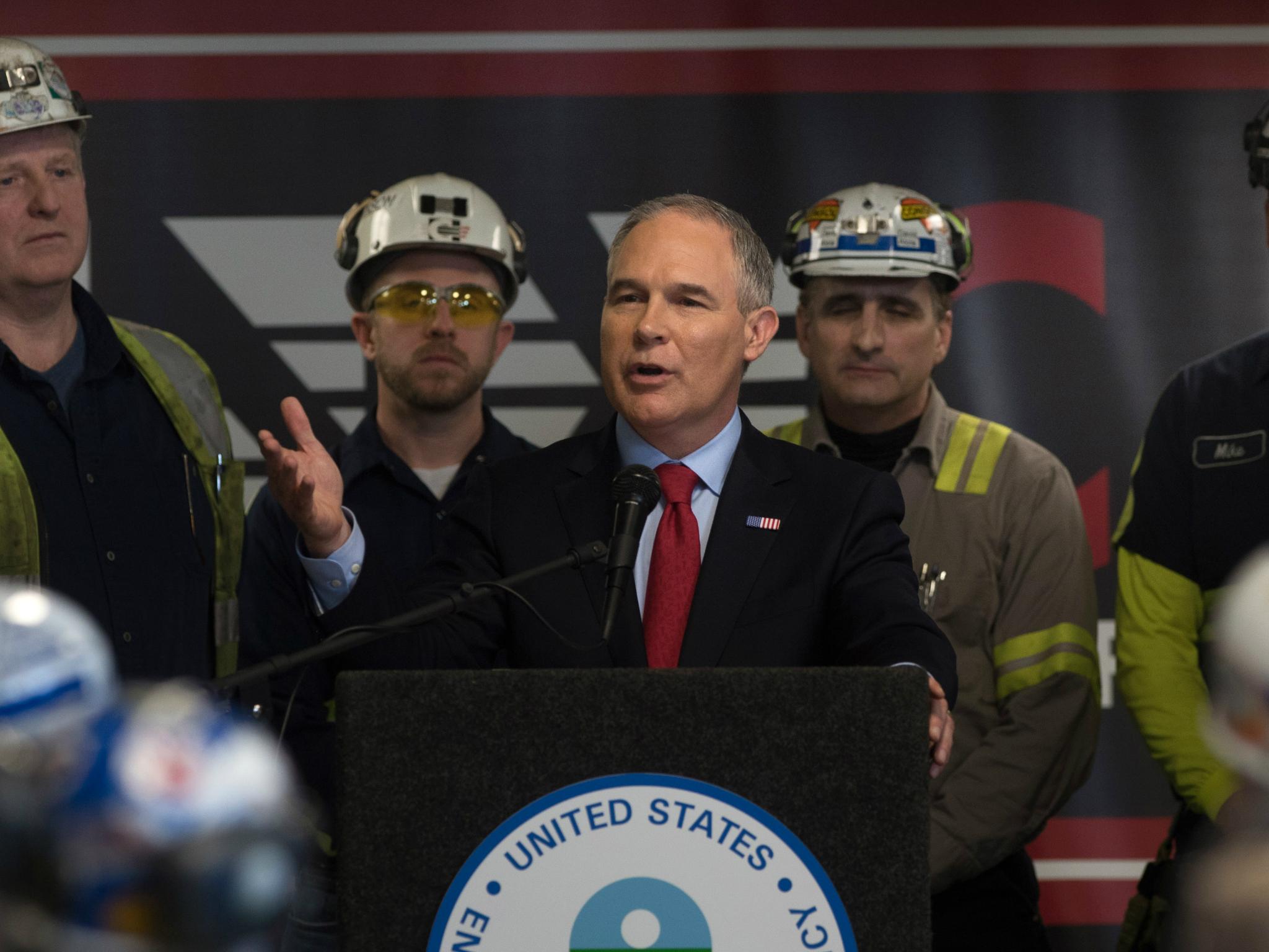 US Environmental Protection Agency Administrator Scott Pruitt speaks with coal miners at the Harvey Mine on 13 April 2017 Sycamore, Pennsylvania.