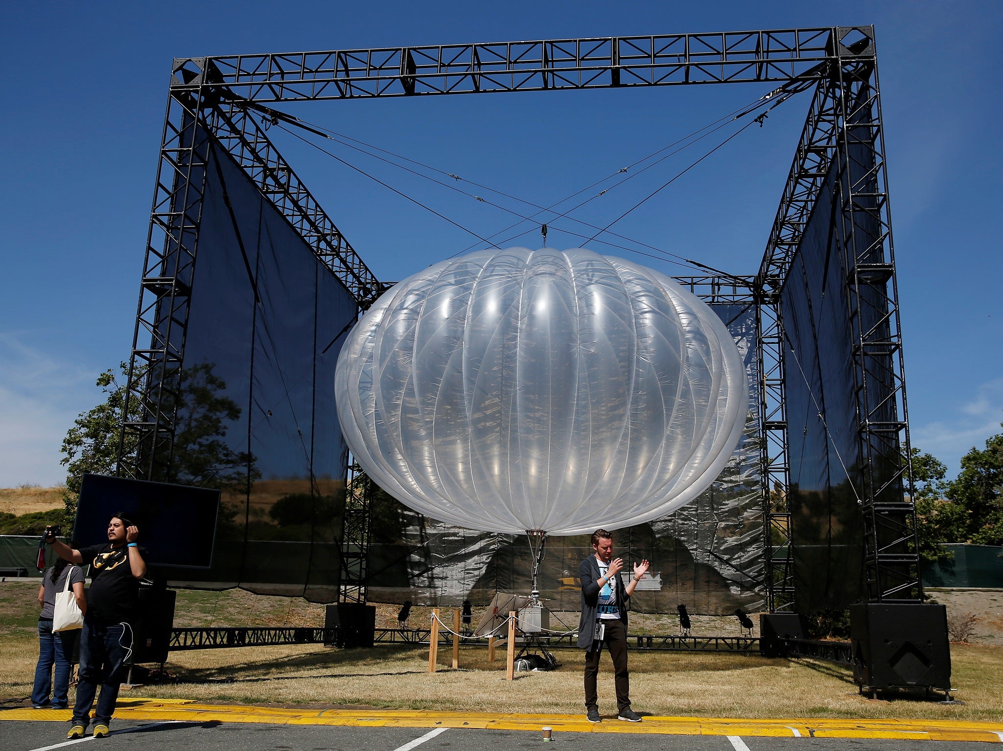 A Google Project Loon internet balloon is seen at the Google I/O 2016 developers conference in Mountain View
