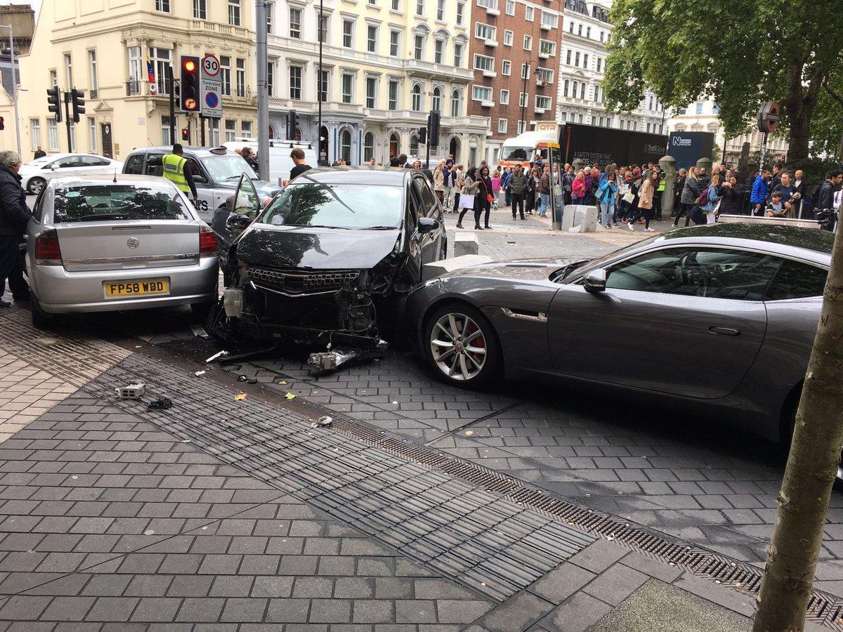 A crashed car following an incident outside the Natural History Museum