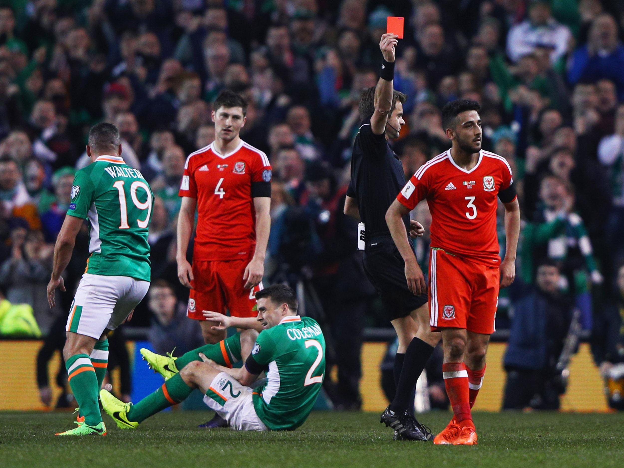 Wales full-back Neil Taylor was sent off for a tackle on Ireland's Seamus Coleman in March