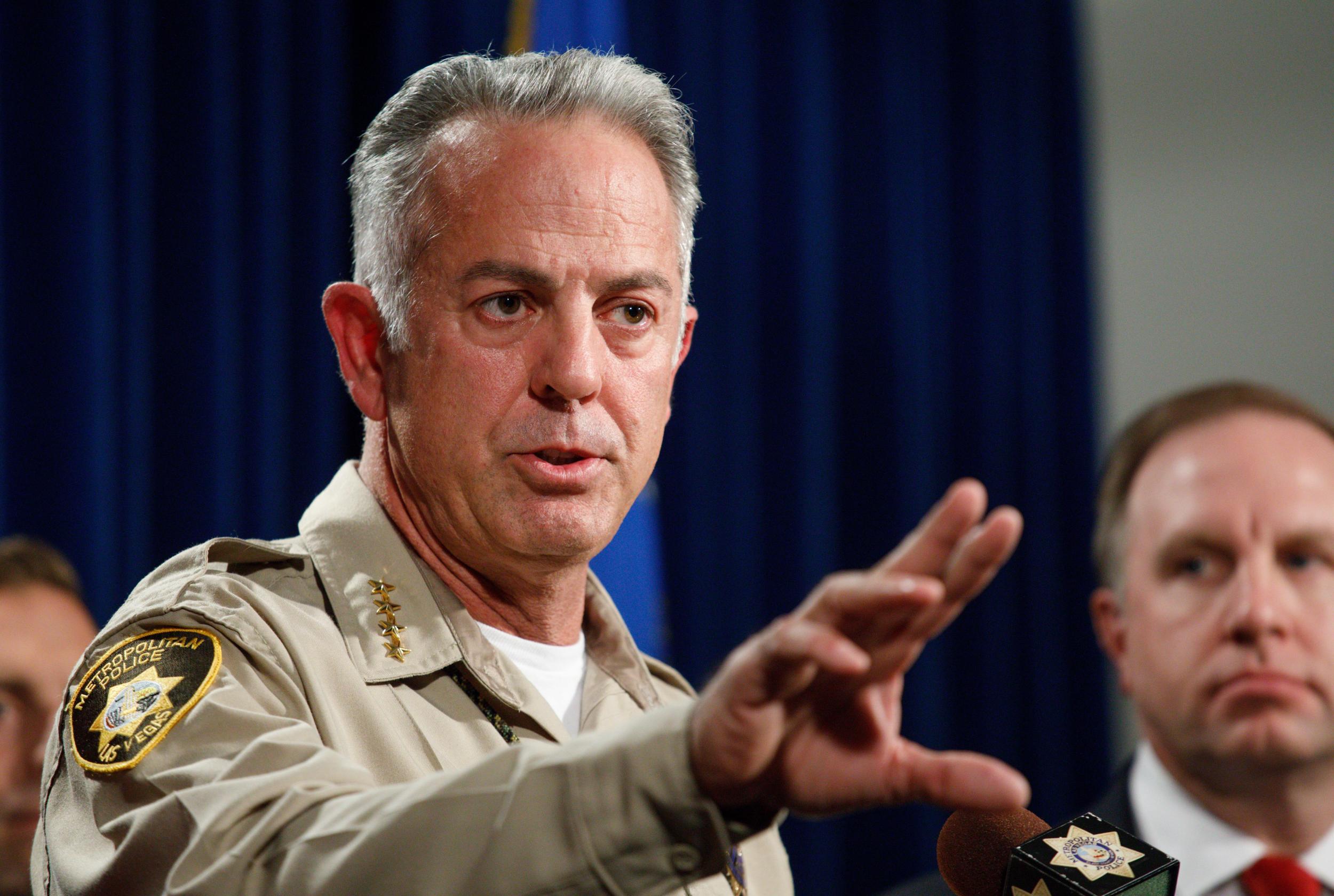 Las Vegas sheriff Joseph Lombardo speaks alongside FBI special agent Aaron Rouse during a press conference about their investigation