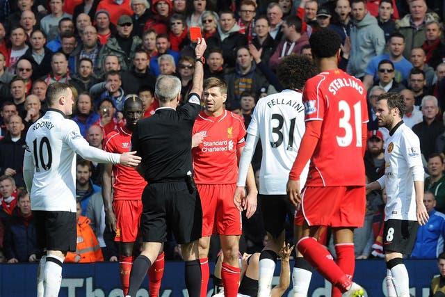 Martin Atkinson sends Liverpool's Steven Gerrard off against Manchester United in March 2015
