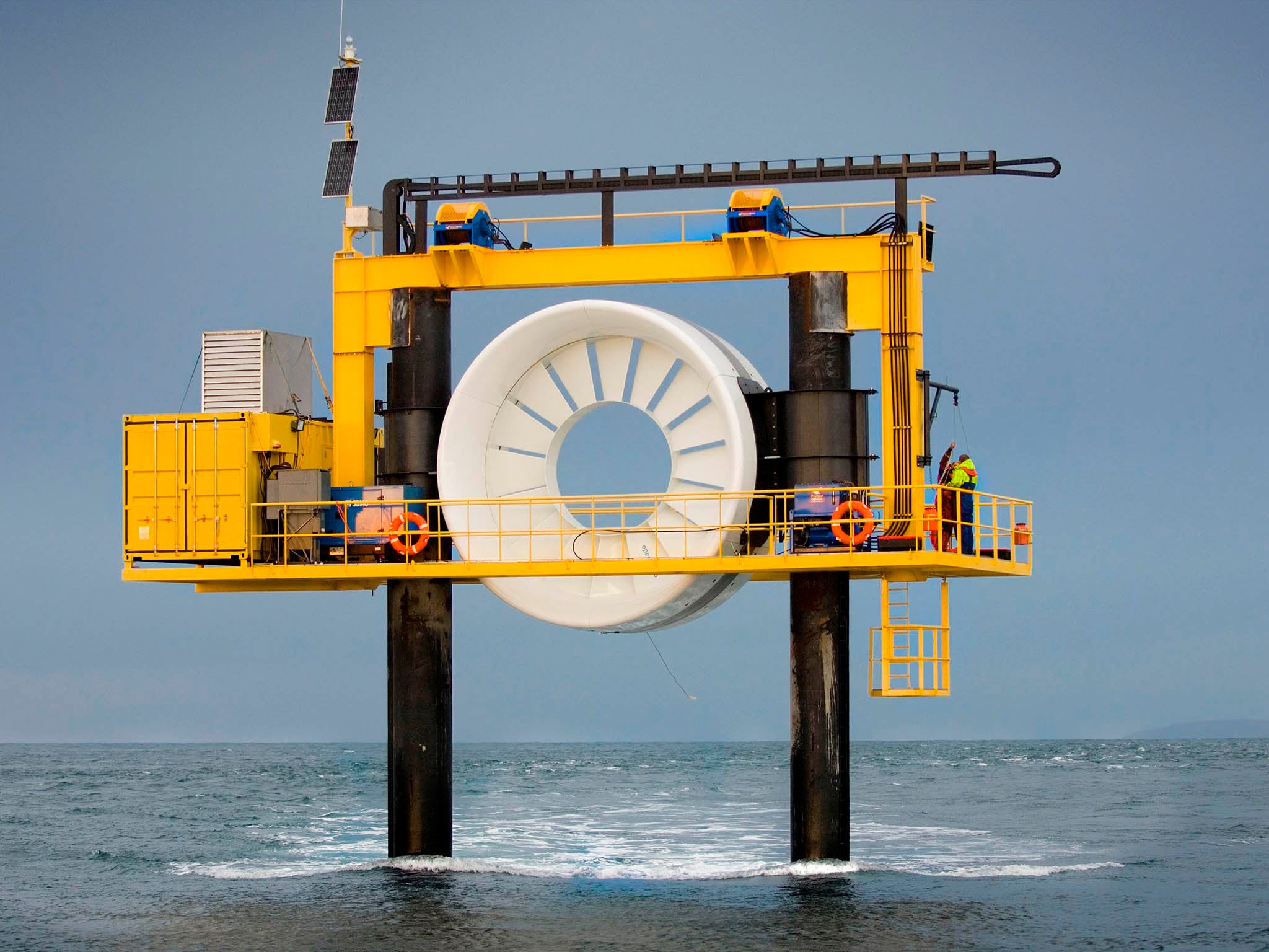 A sea installation operated by OpenHydro, the first company to generate tidal energy into the UK grid