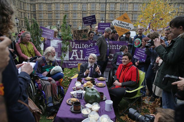 Labour MPs Paul Flynn and Tonia Antoniazzi attend a 'tea party' organised by the United Patients Alliance, with food and drink products containing cannabis