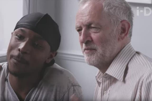 A still from JME's video interview with Jeremy Corbyn