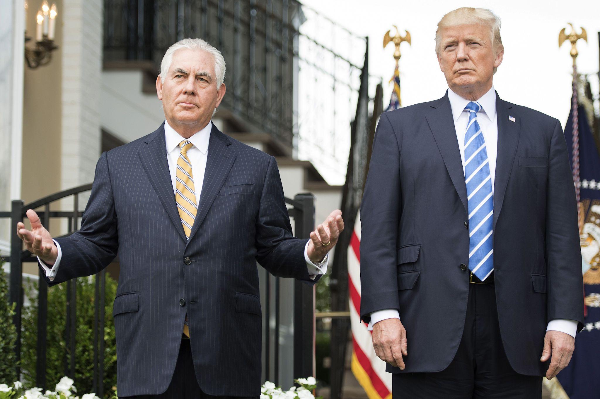 US President Donald Trump speaks to the press with US Secretary of State Rex Tillerson on August 11, 2017, at Trump National Golf Club in Bedminster, New Jersey.