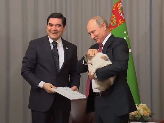 Turkmenistan's president Gurbanguly Berdymukhamedov presented Mr Putin with the puppy