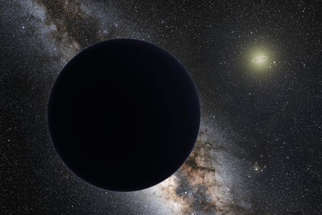 An artist's illustration of a possible ninth planet in our solar system, hovering at the edge of our solar system. Neptune's orbit is shown as a bright ring around the Sun