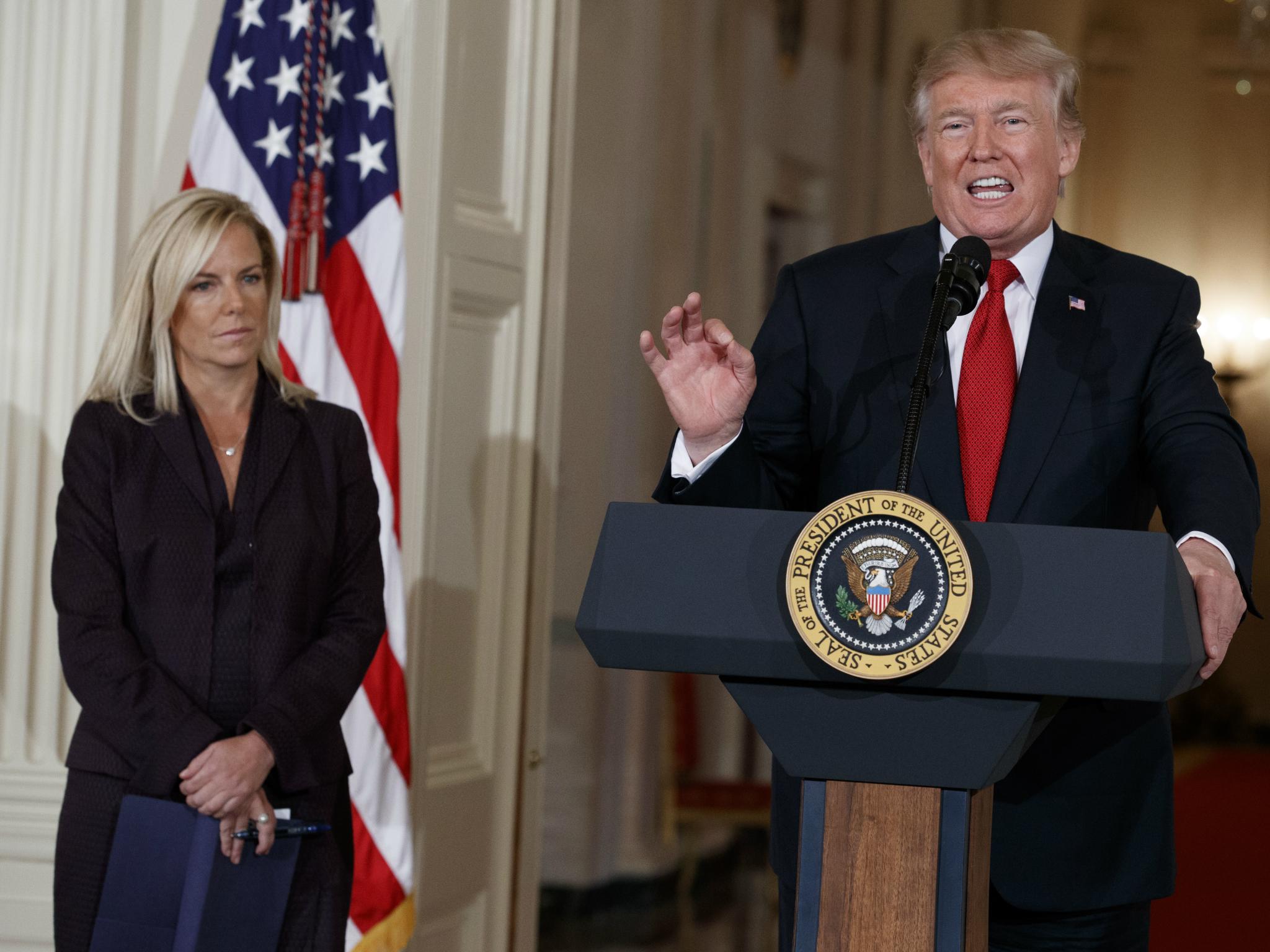 President Donald Trump speaks about nominating his deputy chief of staff, Kirstjen Nielsen, as his next secretary of Homeland Security on 12 October at the White House.