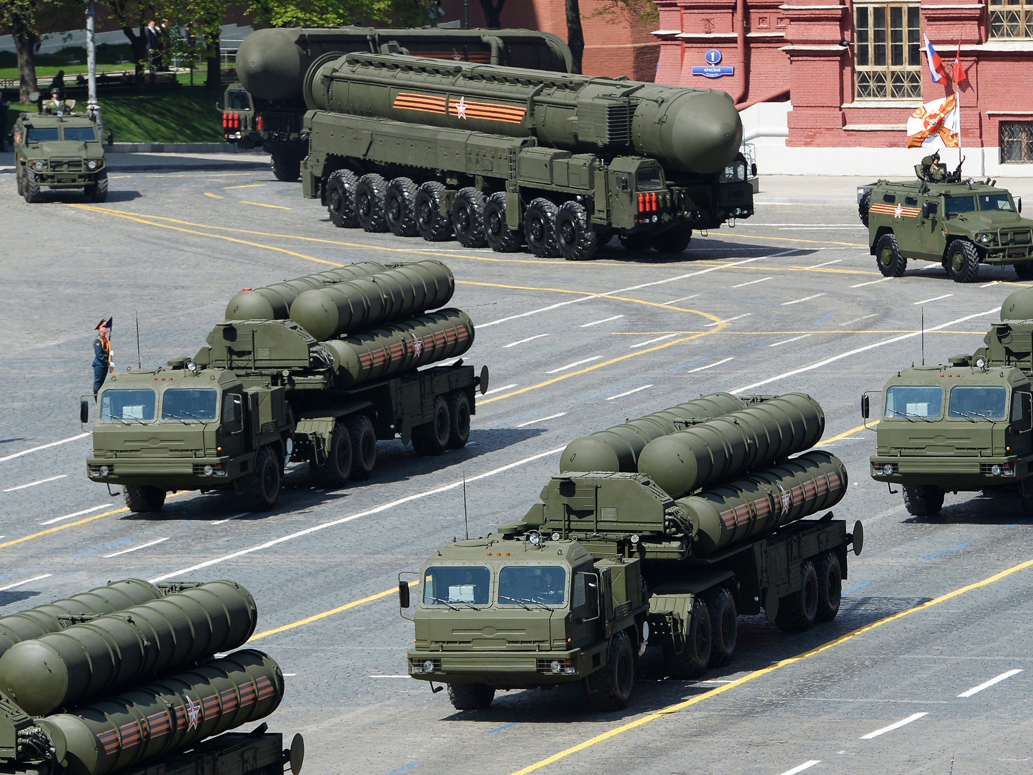 Russian S-400 Triumph medium-range and long-range surface-to-air missile systems drive during the Victory Day parade at Red Square in Moscow