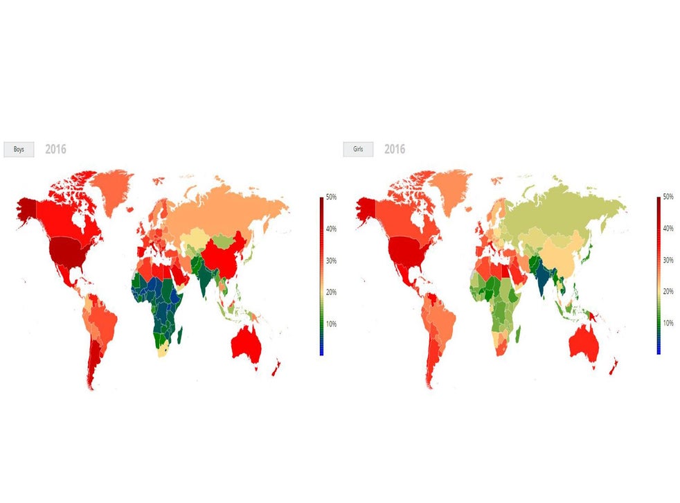 Two maps that show the extent of child obesity around the world