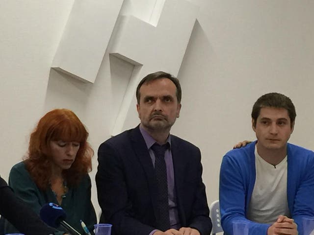 Human rights activists Tanya Lokhsina and Igor Kochetkov alongside Maxim Lapunov (far right), who on Monday became the first witness to go public about Chechnya’s anti-gay purge