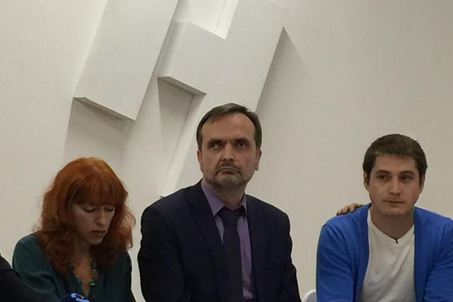 Human rights activists Tanya Lokhsina and Igor Kochetkov alongside Maxim Lapunov (far right), who on Monday became the first witness to go public about Chechnya’s anti-gay purge