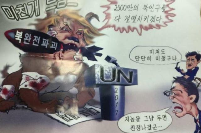An anti-Trump leaflet believed to come from North Korea by balloon. The texts in Korean read "Mad dog Trump"