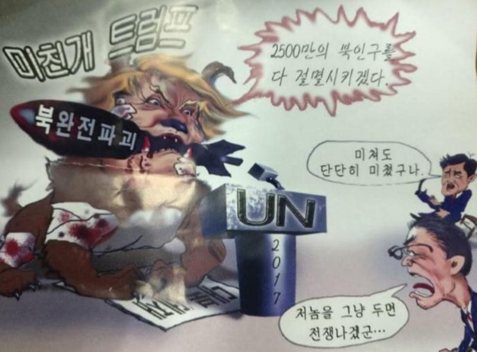 An anti-Trump leaflet believed to come from North Korea by balloon. The texts in Korean read "Mad dog Trump"