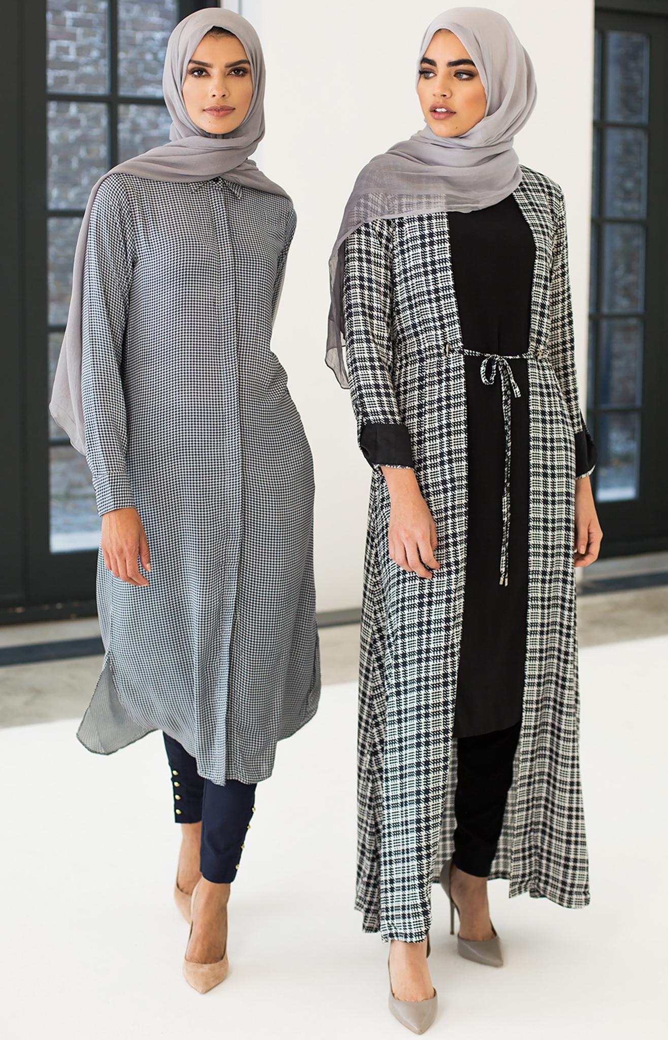 The houndstooth drawcord kimono and houndstooth shirt dress by Aab