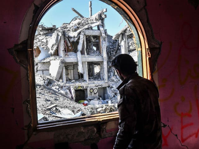 A member of the SDF looks at the destruction, during the battle for the city 