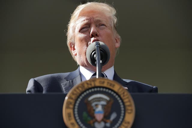 President Donald Trump speaks to reporters in the Rose Garden during a news conference with Senate Majority Leader Mitch McConnell