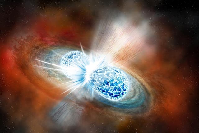 An artist's concept of the explosion of two neutron stars, an event that sent shockwaves through the very fabric of the universe