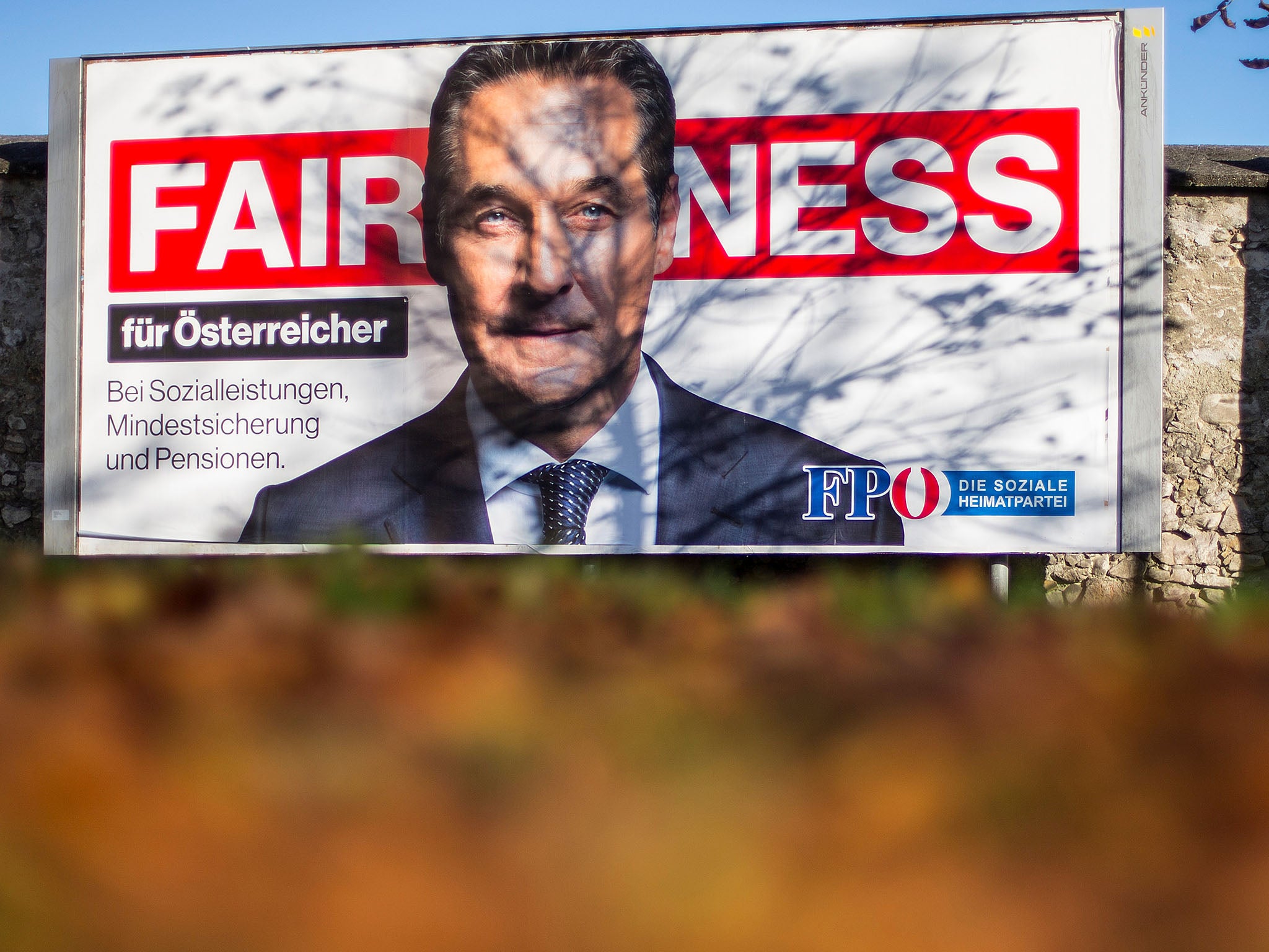 An election campaign poster shows far-right Freedom Party (FPO) leader Heinz-Christian Strache