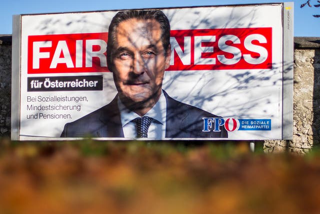 An election campaign poster shows far-right Freedom Party (FPO) leader Heinz-Christian Strache