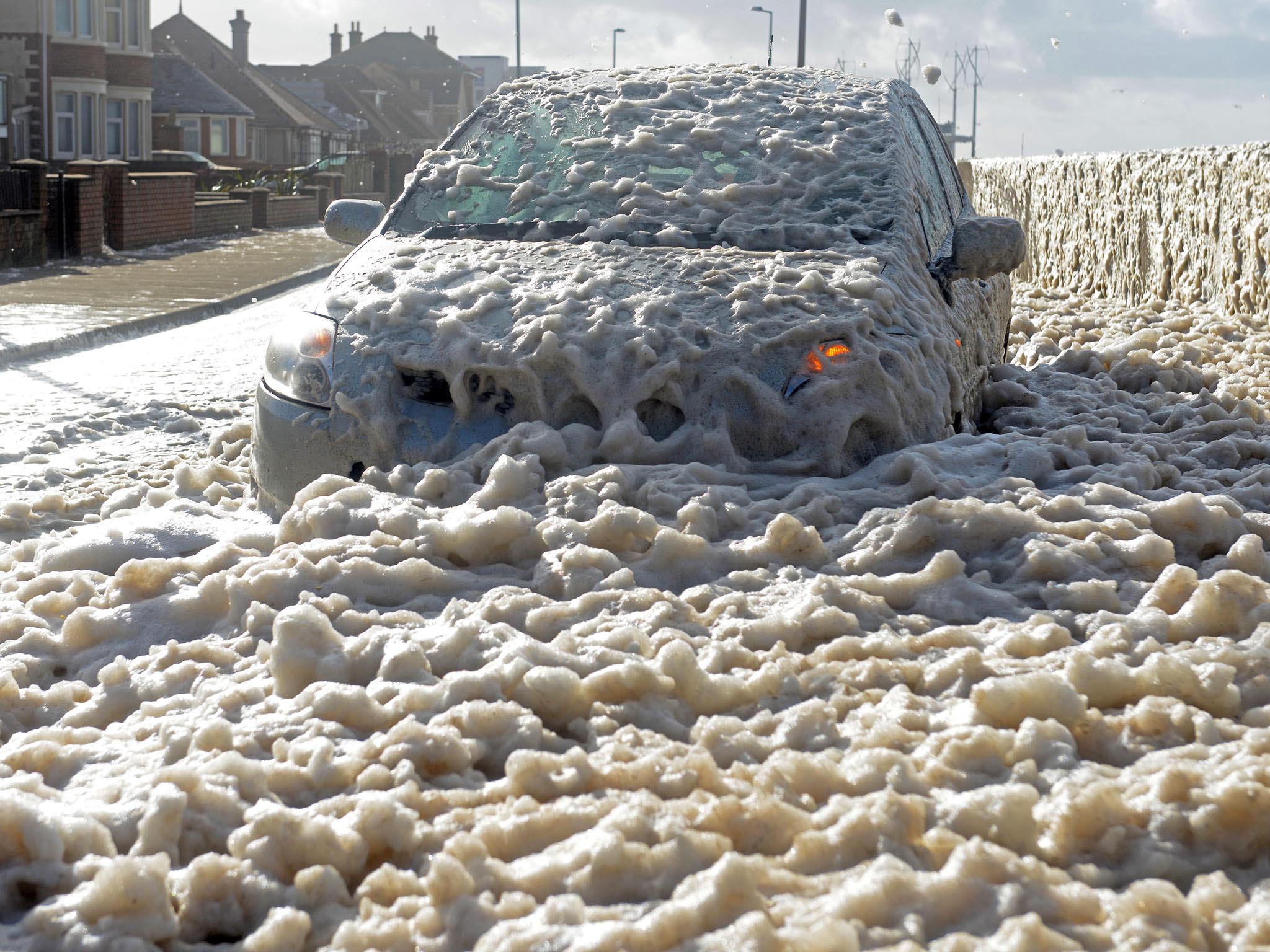 Foam spraying from the sea making driving conditions difficult
