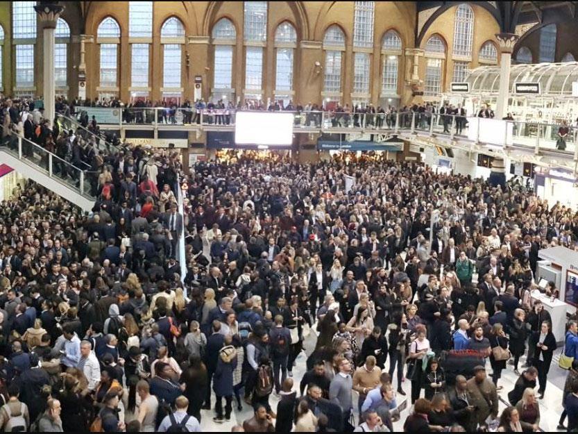 Huge crowds waited in the lobby of Liverpool Street Station