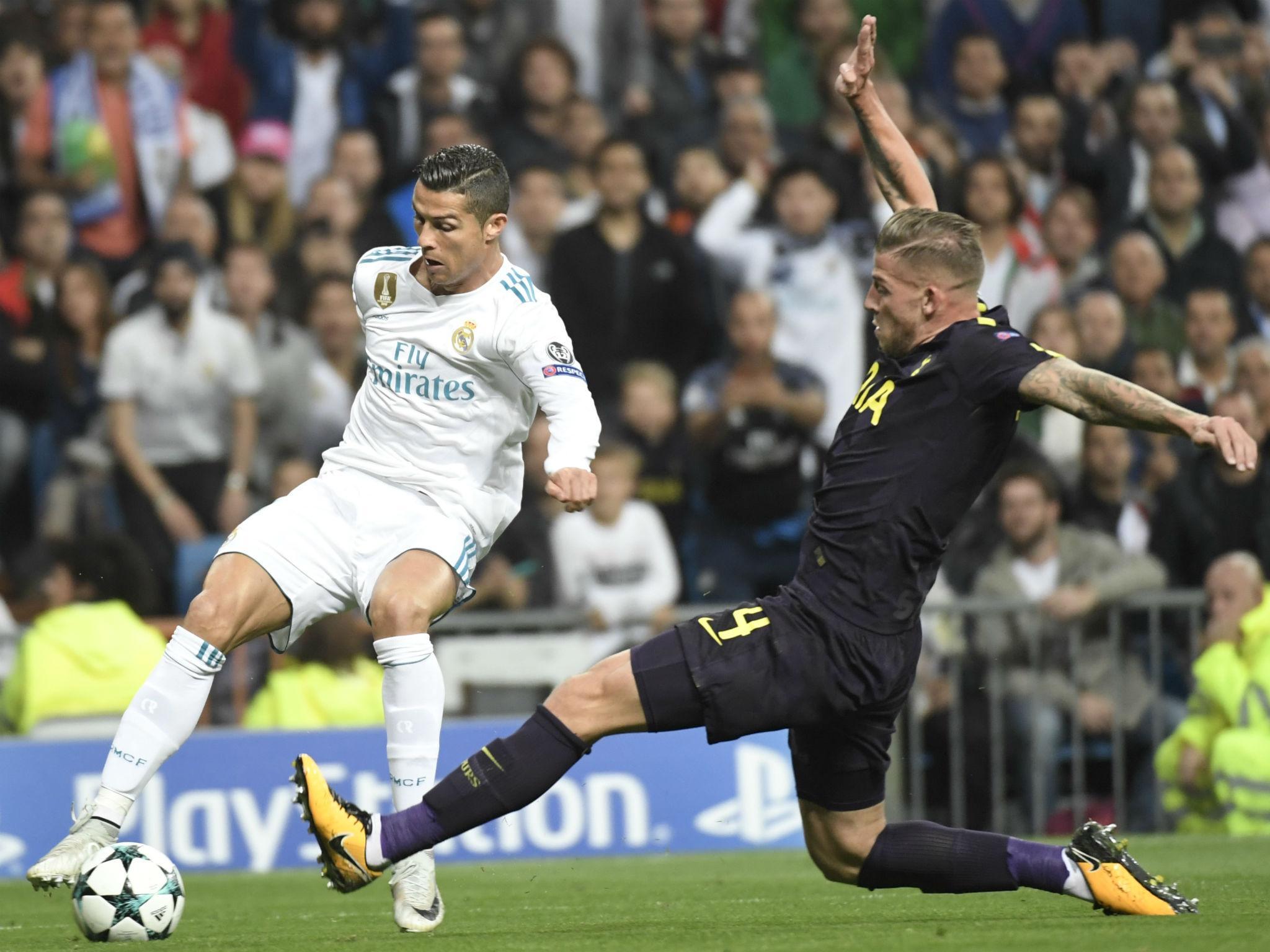 Toby Alderweireld of Tottenham does battle with Real Madrid forward Cristiano Ronaldo