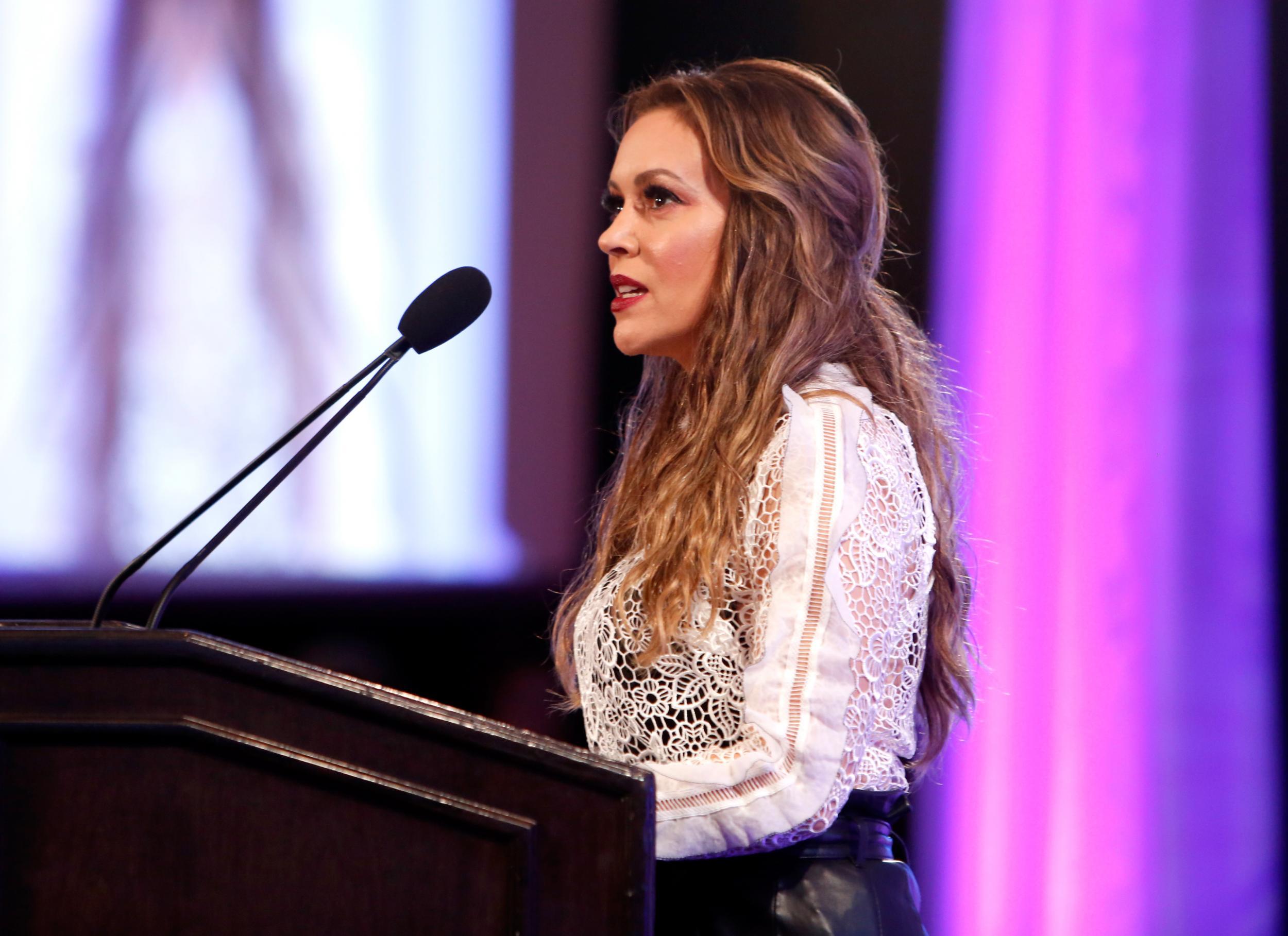 Actress Alyssa Milano speaks at the 2017 World Of Children Hero Awards at Montage Beverly Hills