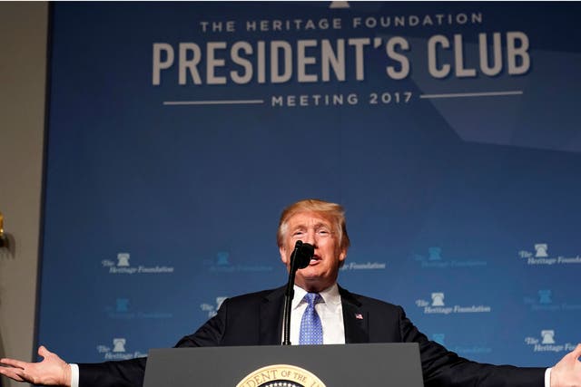 Donald Trump speaks to the Heritage Foundation’s President’s Club Meeting in Washington, DC on October 17, 2017.