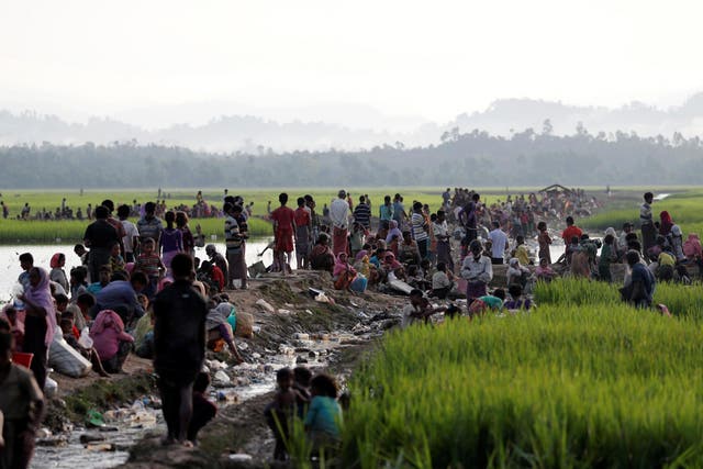 Rohingya refugees, who crossed the border from Burma a day before, wait to receive permission from the Bangladeshi army to continue their way to the refugee camps in Palang Khali