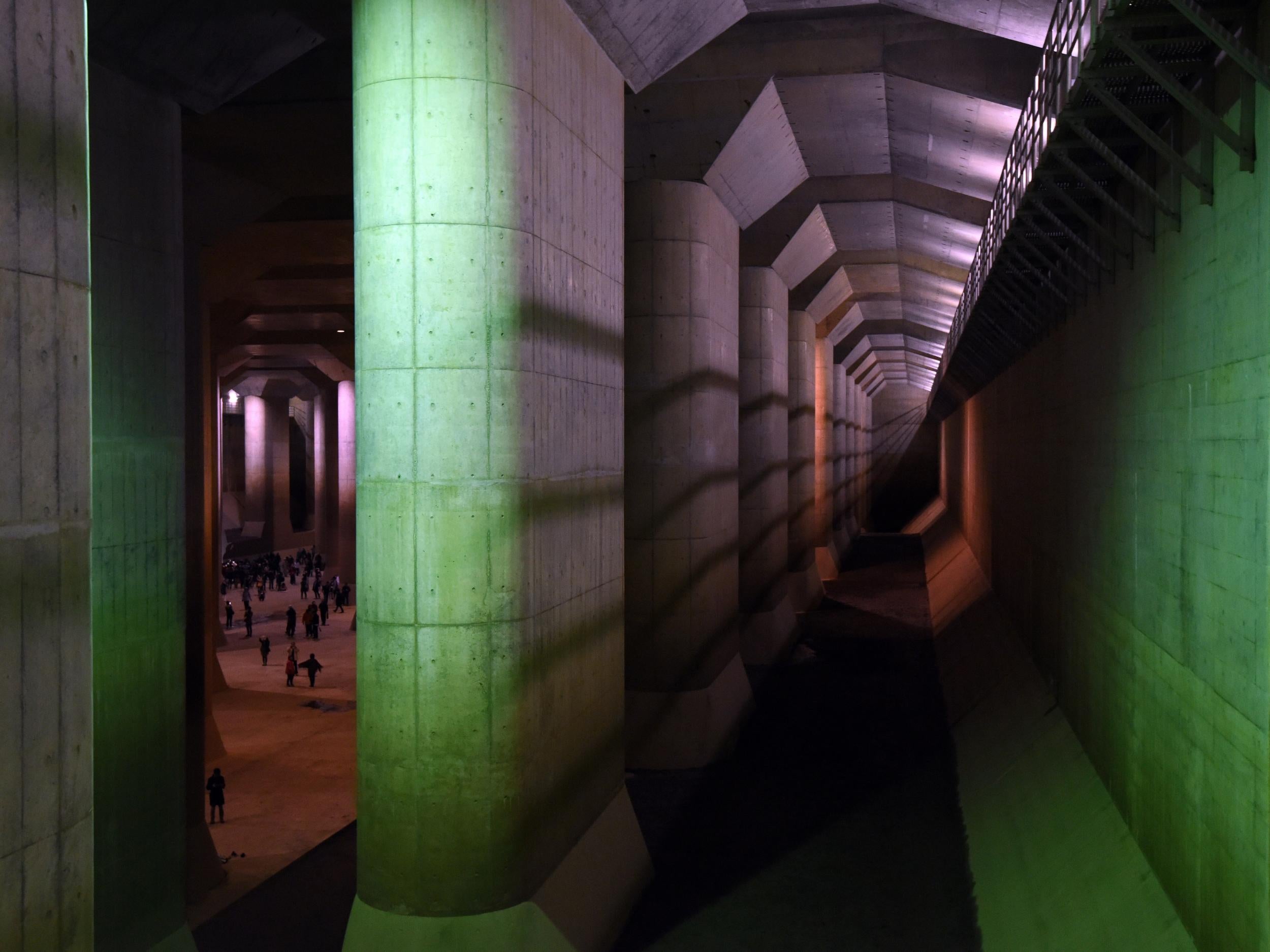 Underground cisterns almost 250 feet deep take in stormwater from four rivers north of Tokyo