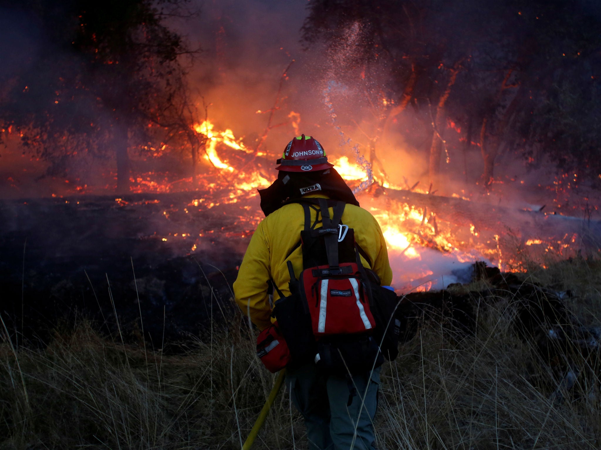 Firefighters battle a wildfire near Santa Rosa