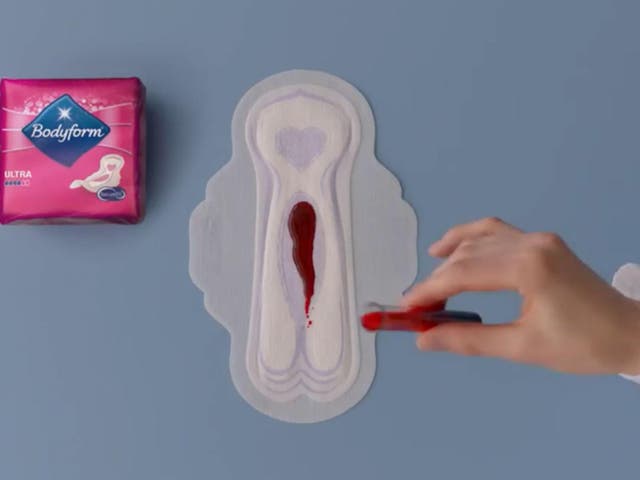 A still from the latest Bodyform advert, which is the first to show a blood-coloured liquid