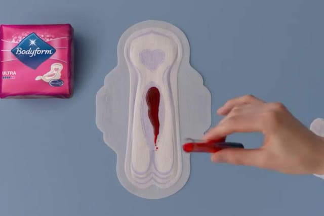 A still from the latest Bodyform advert, which is the first to show a blood-coloured liquid