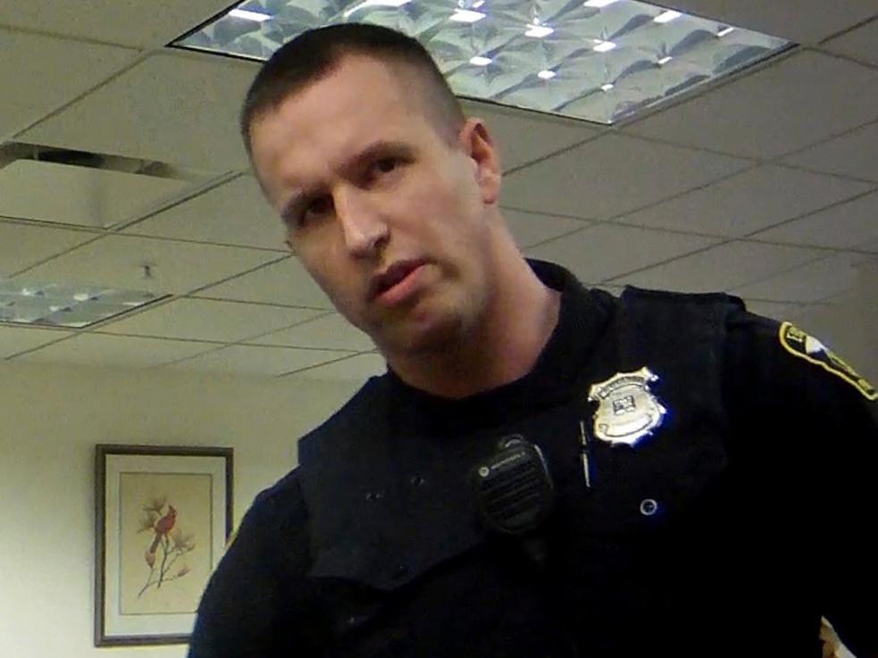 Michael Amiott, who was fired from the Euclid Police Department, at a public library in Euclid, Ohio, in April