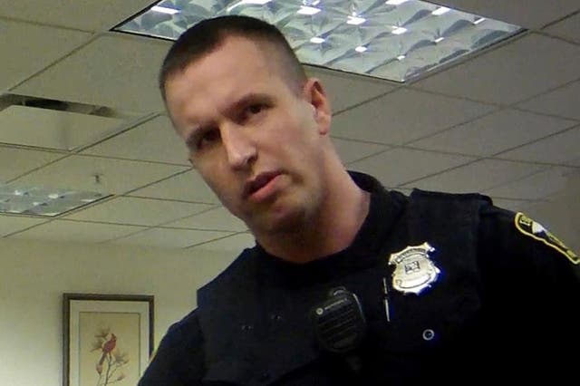 Michael Amiott, who was fired from the Euclid Police Department, at a public library in Euclid, Ohio, in April