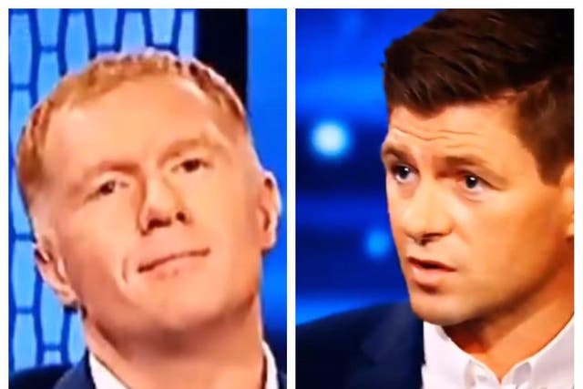 Paul Scholes (left) and Steven Gerrard were analysing Manchester United's 1-0 victory over Benfica