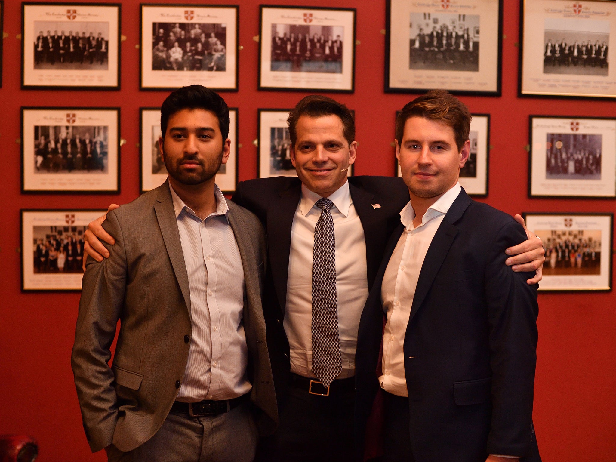 Mr Scaramucci poses for a photo with reporters Shehab Khan and Ben Kentish at the Cambridge Union (Getty)