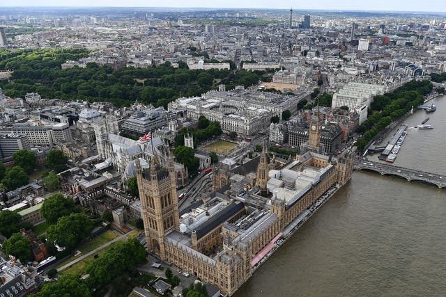 An aerial view of the Houses of Parliament and the Palace of Westminster