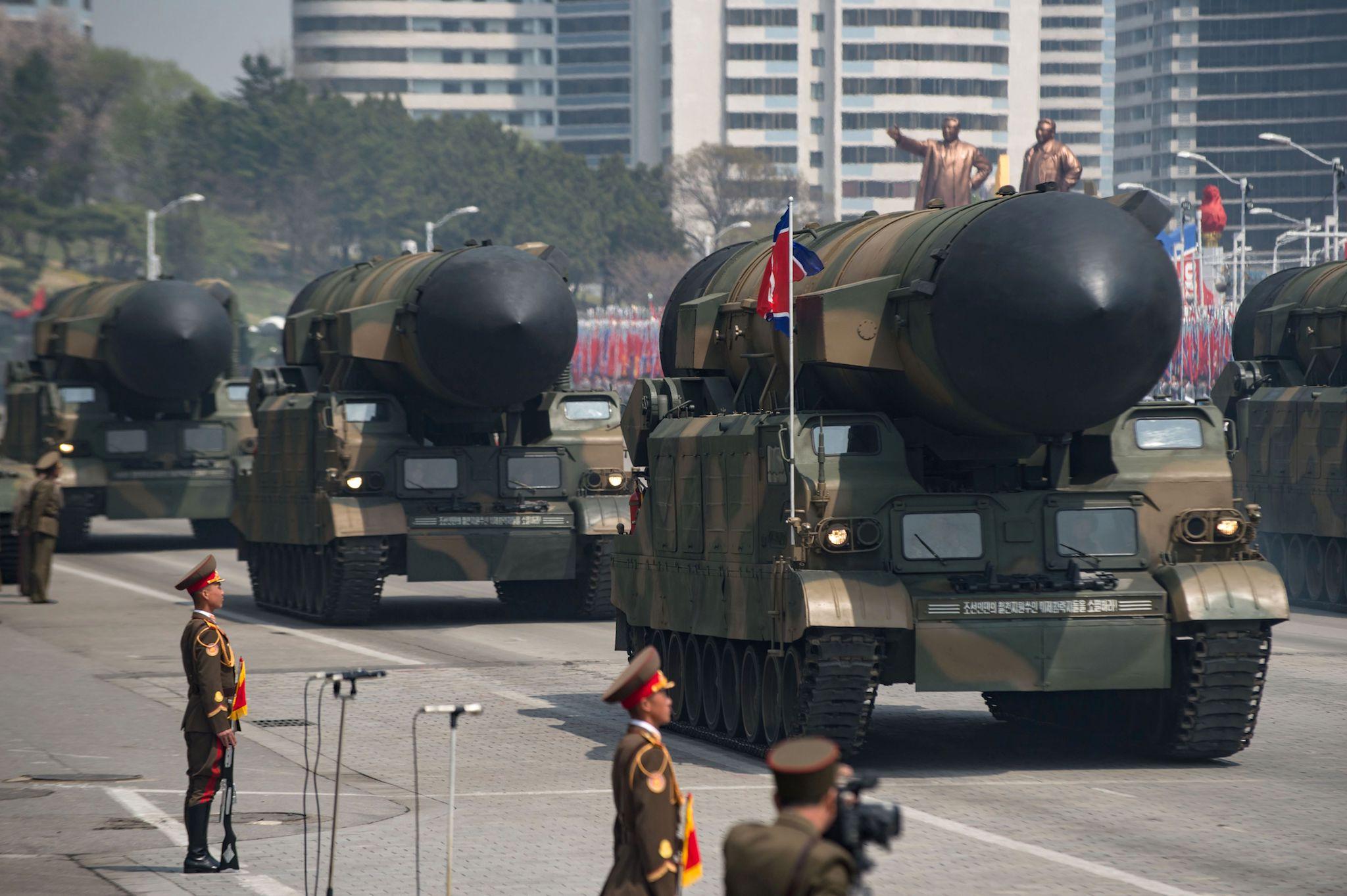 An unidentified rocket is displayed during a military parade marking the 105th anniversary of the birth of late North Korean leader Kim Il-Sung in Pyongyang on April 15, 2017
