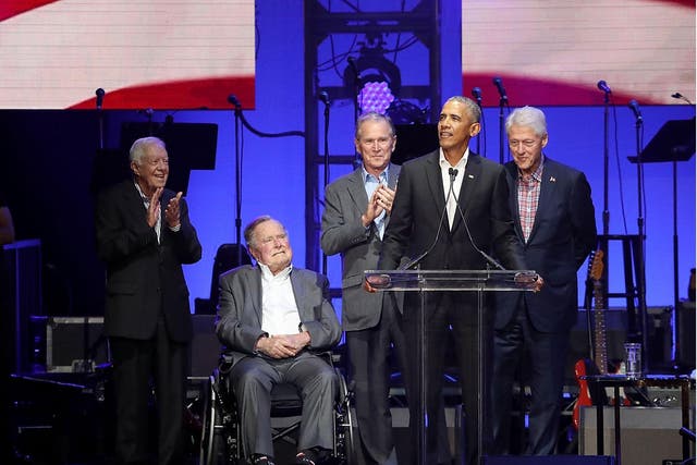 Former United States Presidents address the audience during the "Deep From The Heart: One America Appeal Concert"