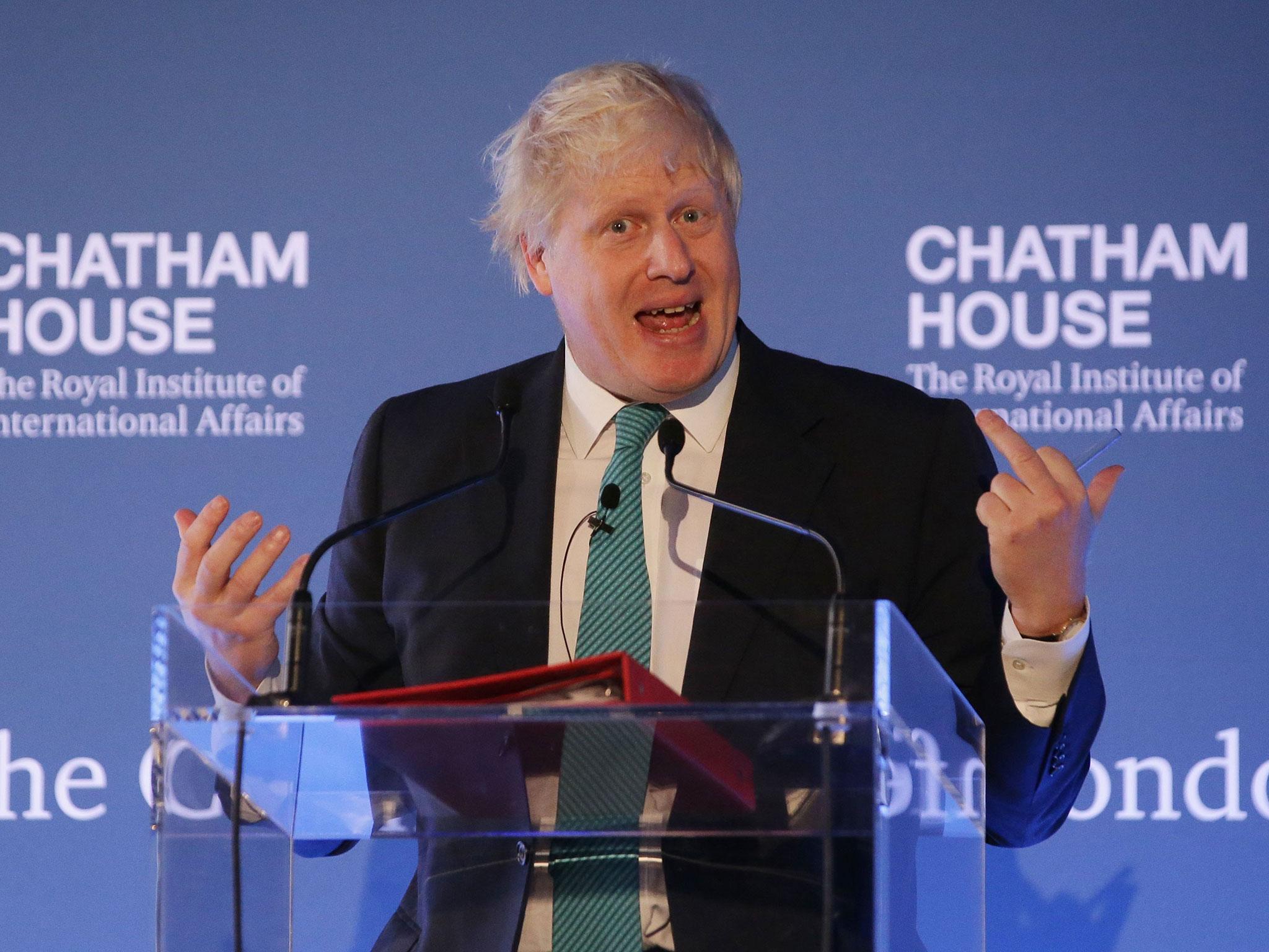 British Foreign Secretary Boris Johnson gives a speech at Chatham House