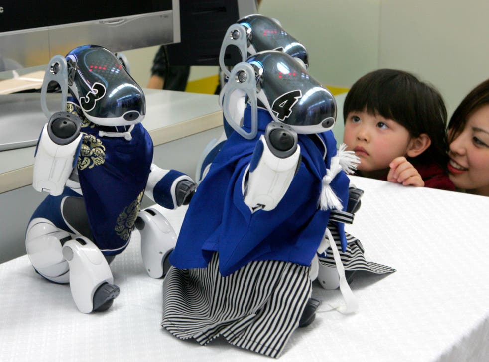 A girl and her mother look at Sony's robot dog AIBO at Robot Festa 2006 in Tokyo March 25, 2006