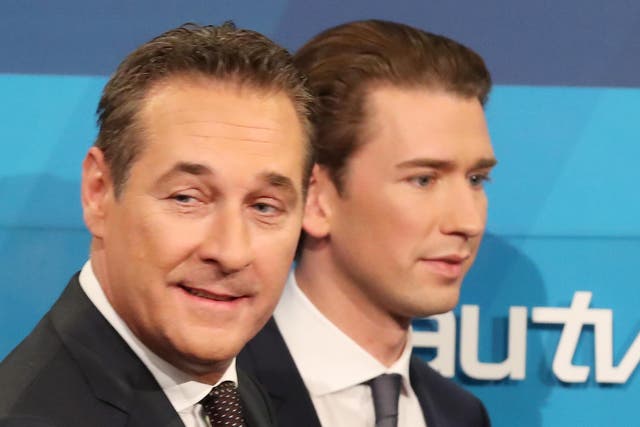 Heinz-Christian Strache, left, leader of the FPO, came third with 26 per cent of the vote, while Foreign Minister Sebastian Kurz and his conservatives gained 31.5 per cent