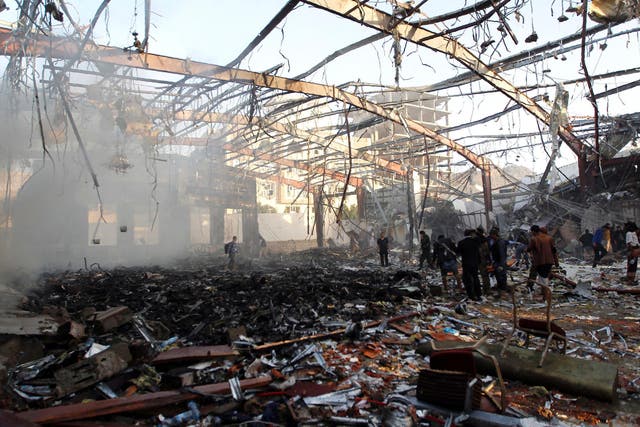 The hall which was bombed twice by the Saudi-led coalition while it was packed with funeral goers in Sanaa in October 2016