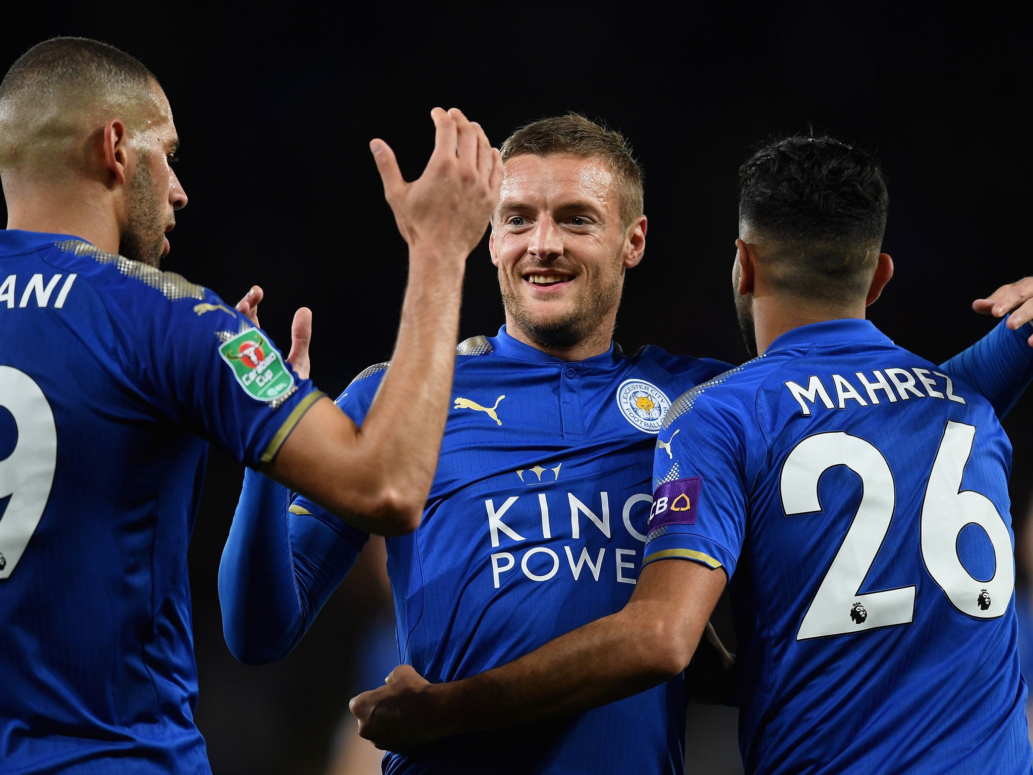 Leicesters players celebrate after Riyad Mahrez added the side's third