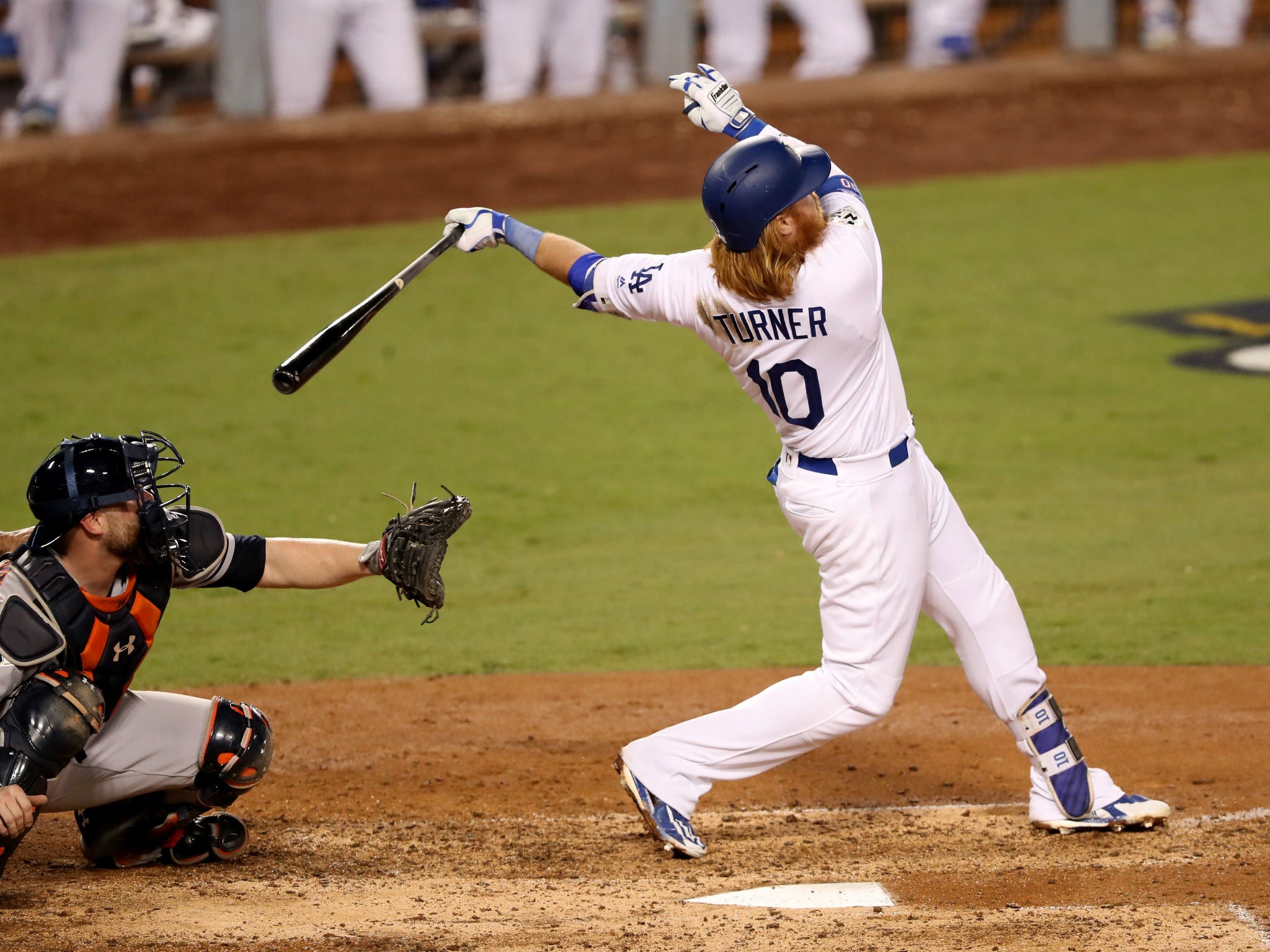 Justin Turner of the Los Angeles Dodgers hit a two-run home run during the sixth inning