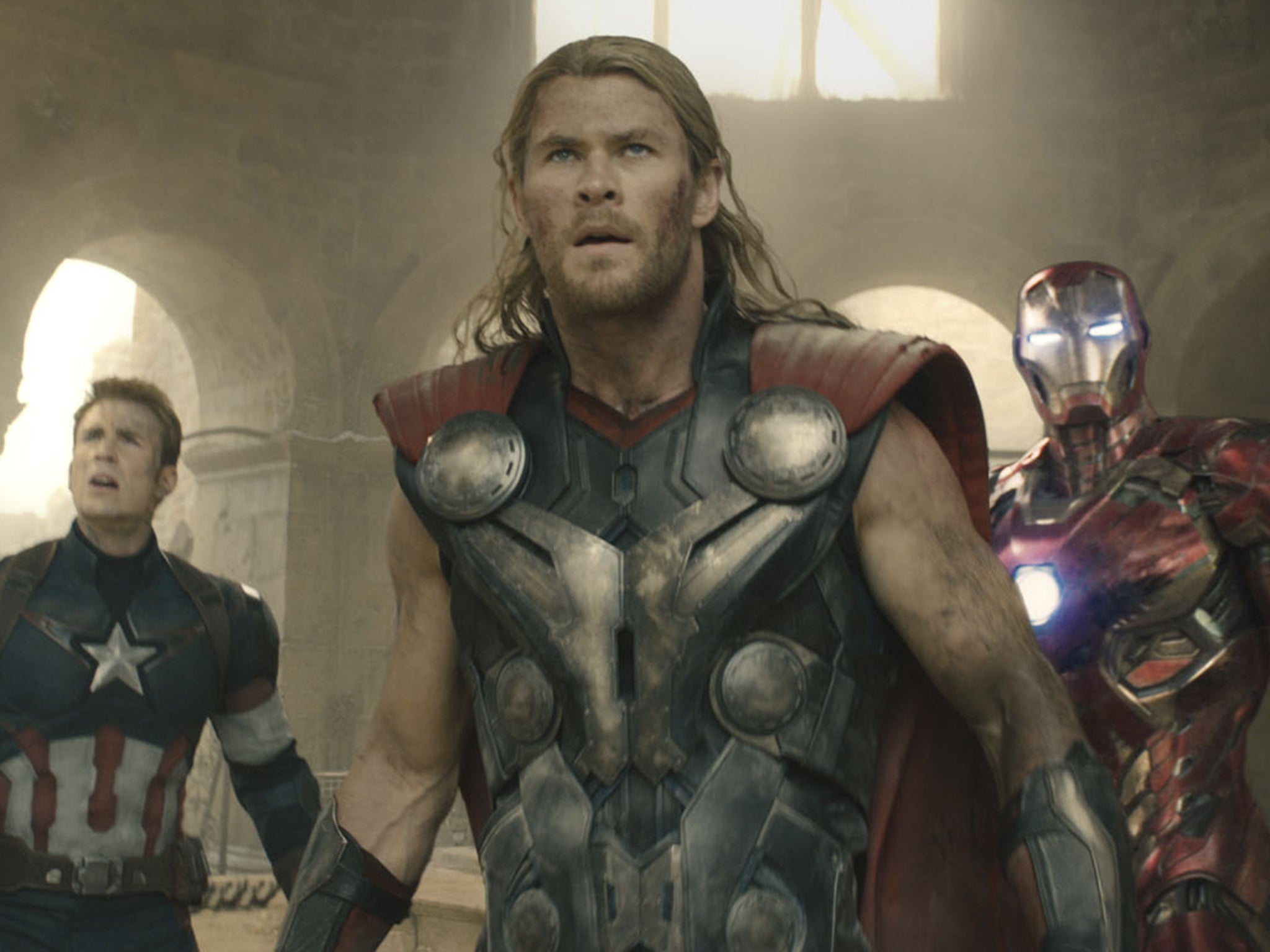 Chris Evans, Chris Hemsworth and Robert Downey Jr in ‘Avengers:Age Of Ultron‘