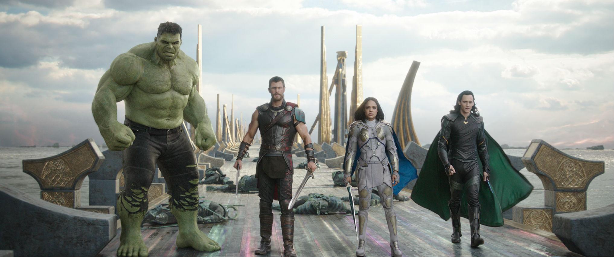 Ruffalo as Hulk, Hemsworth as Thor, Tessa Thompson as Valkyrie and Tom Hiddleston as Loki in ‘Thor: Ragnarok’